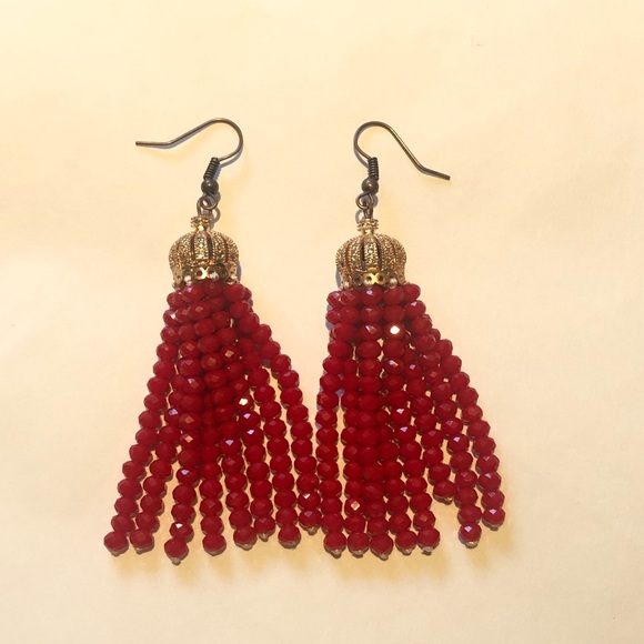 Red/Antique Rose Gold Crystal Tassel Earrings - Picture 4 of 14